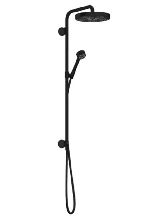 Schwarze AXOR Duschpaneel-Installation mit overhead und Handbrause, verbunden durch eine vertikale Stange, montiert an der Wand.
